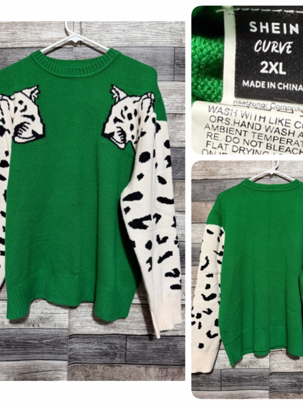 Shein Curve Snow Leopard Sweater Women’s 2XL Green Pullover Crewneck - Picture 1 of 6
